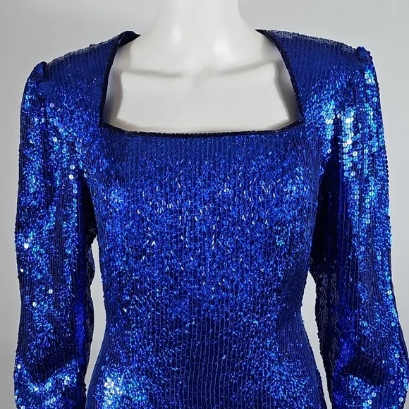 Vintage Sterling By Stone Ferris Blue Sequin Silk Open Back Coctail Party Dress - Picture 3 of 16
